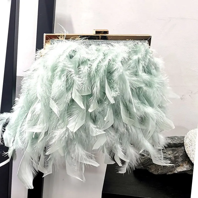 2023 Luxury Fashion Women's Bag Ostrich Fur Feather Tassel Evening Bags Ladies Day Clutches Party Wedding Purses Chain Handbag