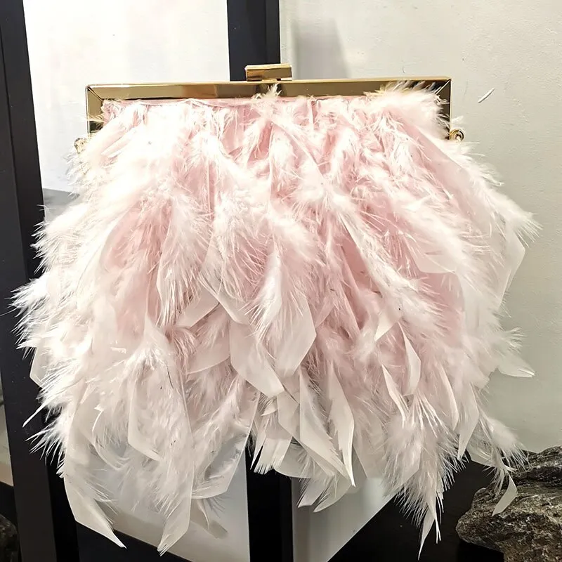 2023 Luxury Fashion Women's Bag Ostrich Fur Feather Tassel Evening Bags Ladies Day Clutches Party Wedding Purses Chain Handbag