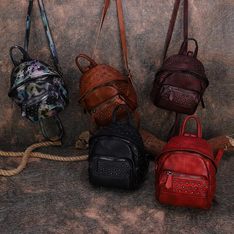 Best Vintage Rivets Brown Leather Rucksack Bag Womens Small School Rucksack Leather Backpack Purse