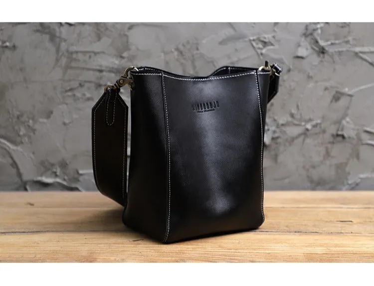 Cute Brown LEATHER WOMEN Bucket SHOULDER BAG Barrel Crossbody Purses FOR WOMEN