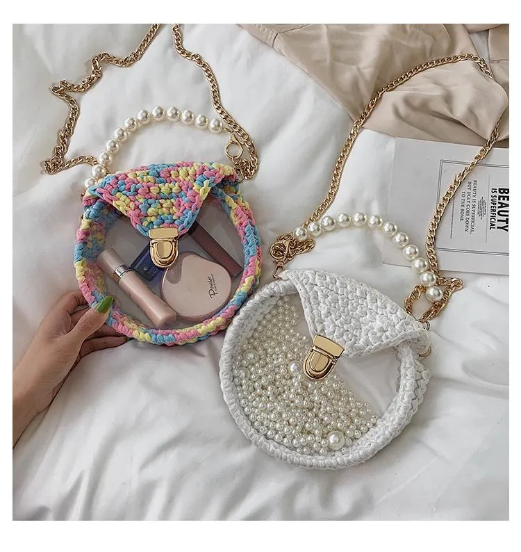 Cute Round Colorful(No Flap) Crochet Crossbody Purse PMMA Crochet Shoulder Round Handbag for Girl Circle Crochet Crossbody Purses