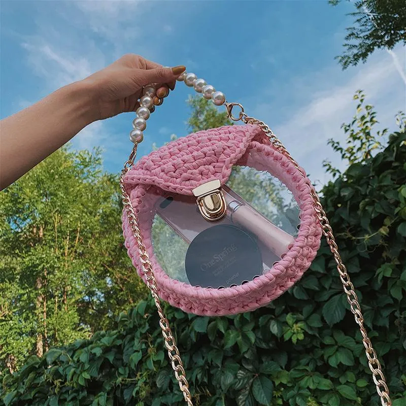 Cute Round Colorful(No Flap) Crochet Crossbody Purse PMMA Crochet Shoulder Round Handbag for Girl Circle Crochet Crossbody Purses