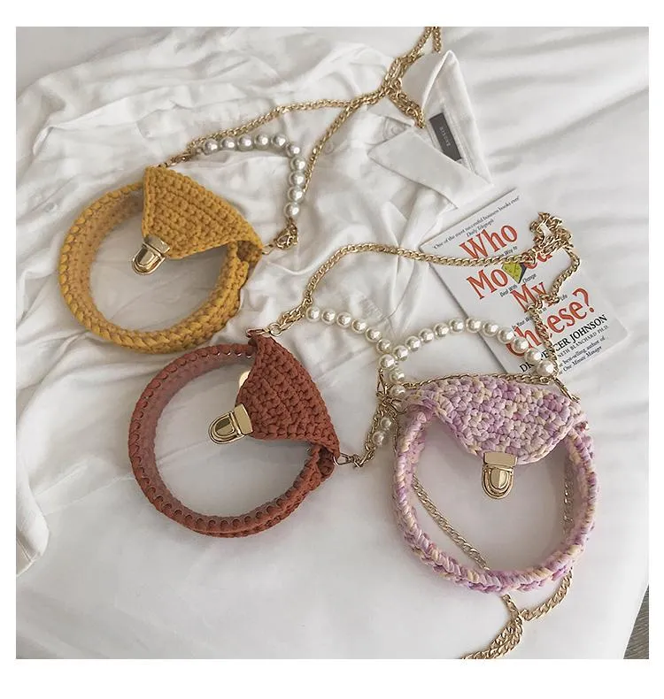 Cute Round Shining(No Flap) Crochet Crossbody Purse PMMA Crochet Shoulder Round Handbag for Girl Circle Crochet Crossbody Purses