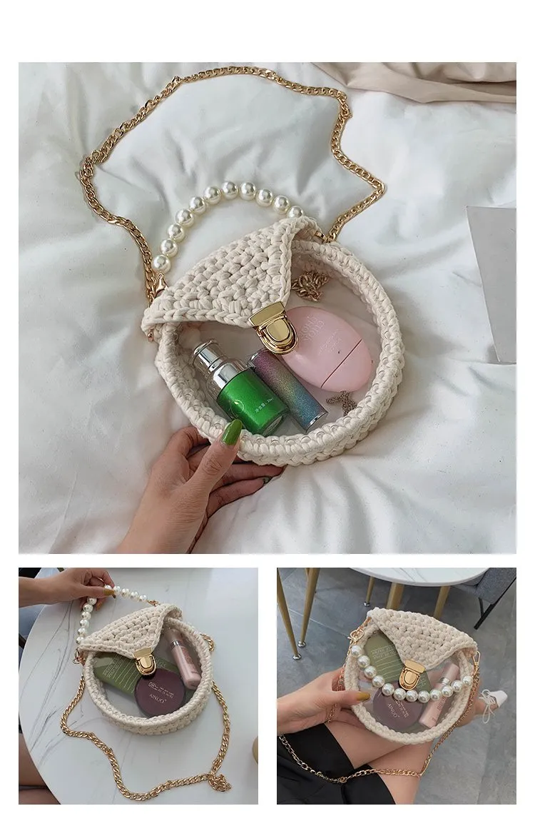 Cute Round Shining(No Flap) Crochet Crossbody Purse PMMA Crochet Shoulder Round Handbag for Girl Circle Crochet Crossbody Purses