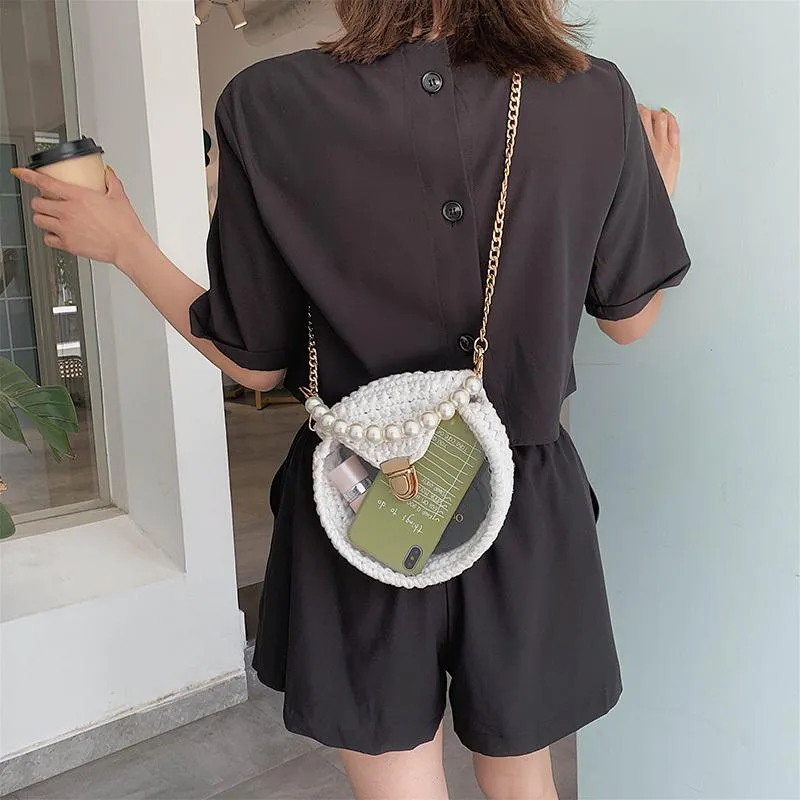 Cute Round Shining(No Flap) Crochet Crossbody Purse PMMA Crochet Shoulder Round Handbag for Girl Circle Crochet Crossbody Purses