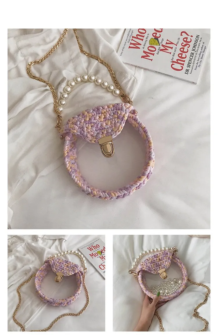 Cute Round Shining(No Flap) Crochet Crossbody Purse PMMA Crochet Shoulder Round Handbag for Girl Circle Crochet Crossbody Purses
