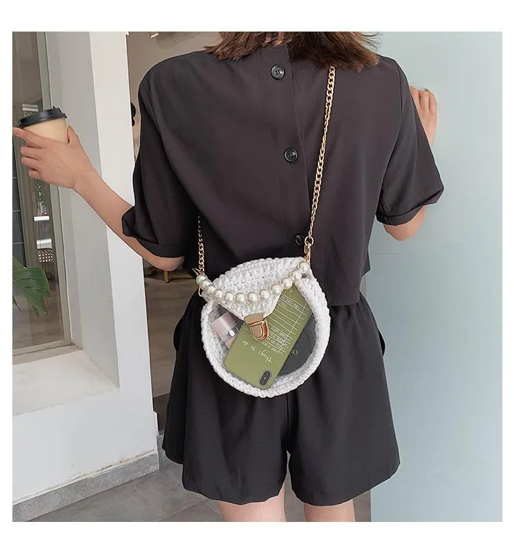 Cute Round Shining(No Flap) Crochet Crossbody Purse PMMA Crochet Shoulder Round Handbag for Girl Circle Crochet Crossbody Purses