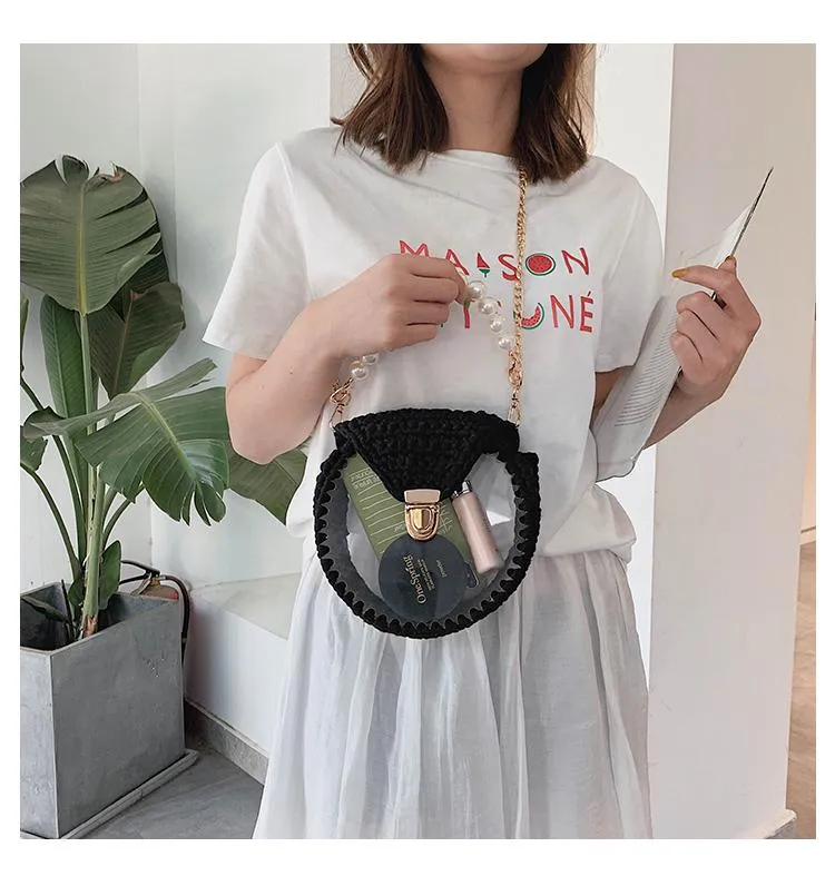 Cute Round Shining(No Flap) Crochet Crossbody Purse PMMA Crochet Shoulder Round Handbag for Girl Circle Crochet Crossbody Purses