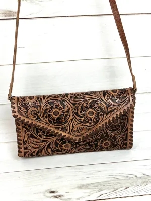Dark Tooled Leather Envelope Clutch Purse