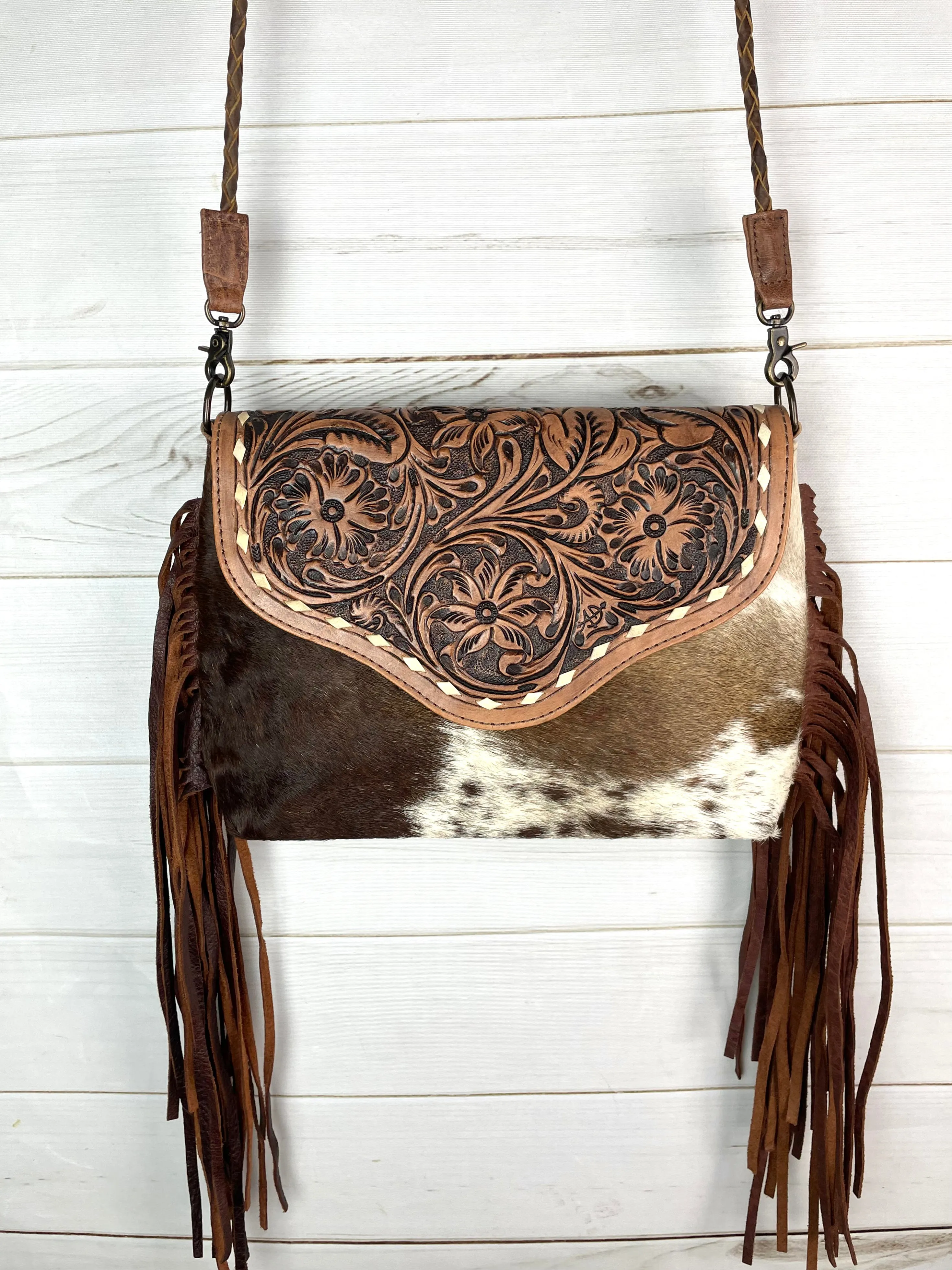 Floral Tooled Envelope Hide Crossbody Bag