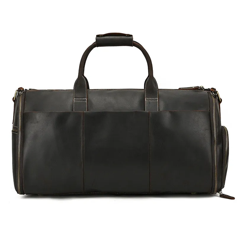 Full Grain Leather Garment Bag Mens Leather Duffel Bag Retro Leather Weekend Travel Bag Large Leather Gym Bag