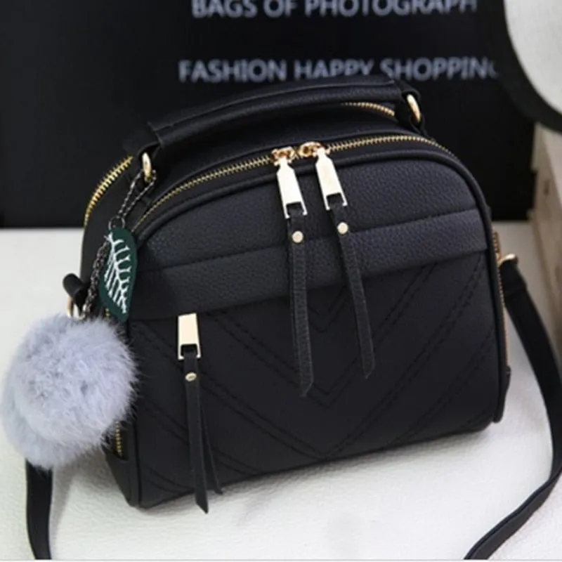 Girl Messenger Bags with Fair Ball Tassel Fashion PU Leather Handbag for Women Female Shoulder Bags Ladies Party Handbags