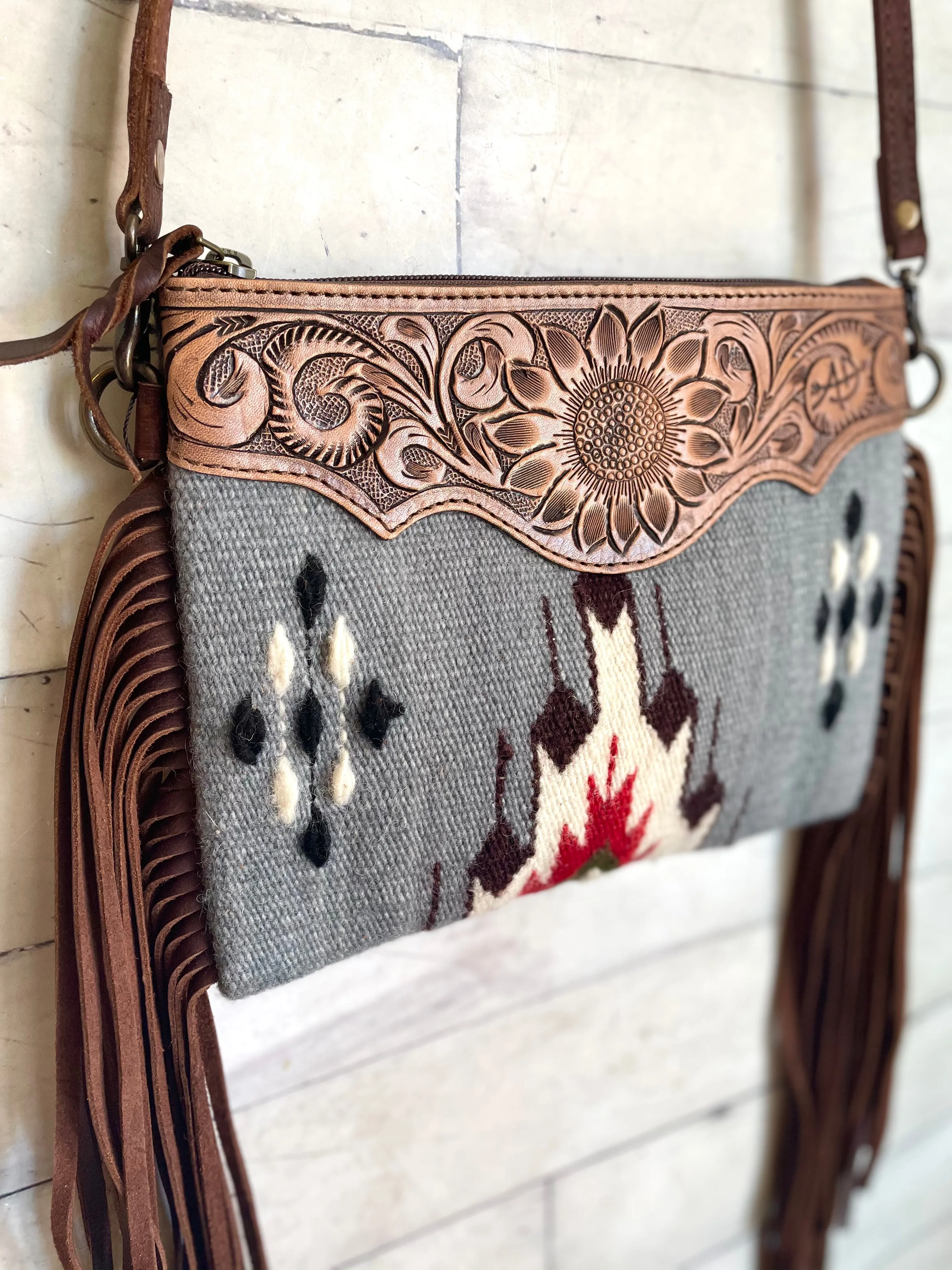 Grey, Red, Black Wool, Leather Tooled Fringe Med. Bag