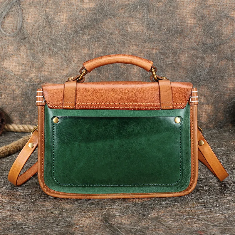 Handmade Beige Leather Womens Satchel Shoulder Bag Small School Handbag Crossbody Purses for Ladies