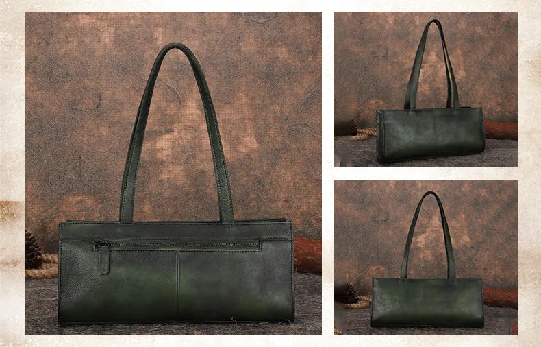 Handmade Green Leather Womens Vintage Baguette Bag Best Baguette Shoulder Bag Crossbody Purses for Ladies