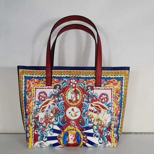 Italy Luxury Print Travel Shoulder Bag Floral Textured-Leather handbag