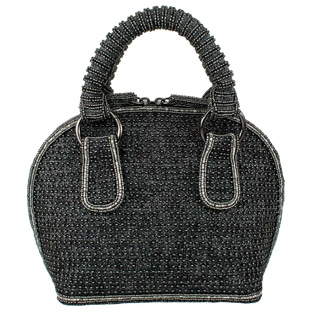 Mary Frances Date Night Beaded White Floral Top Handle Handbag Gray Bag New