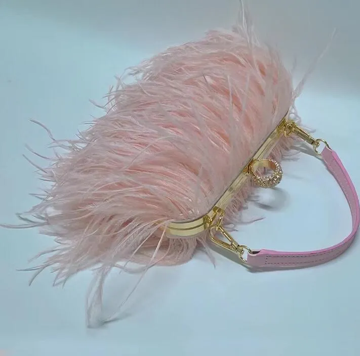Ostrich Feather Purses and Handbags Luxury Party Evening Clutch Bag Fashion Women Ring Bag Small Chain Shoulder Crossbody Bag