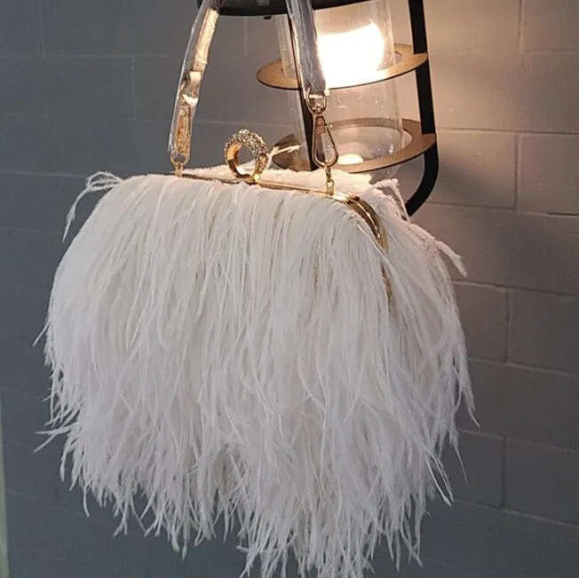 Ostrich Feather Purses and Handbags Luxury Party Evening Clutch Bag Fashion Women Ring Bag Small Chain Shoulder Crossbody Bag