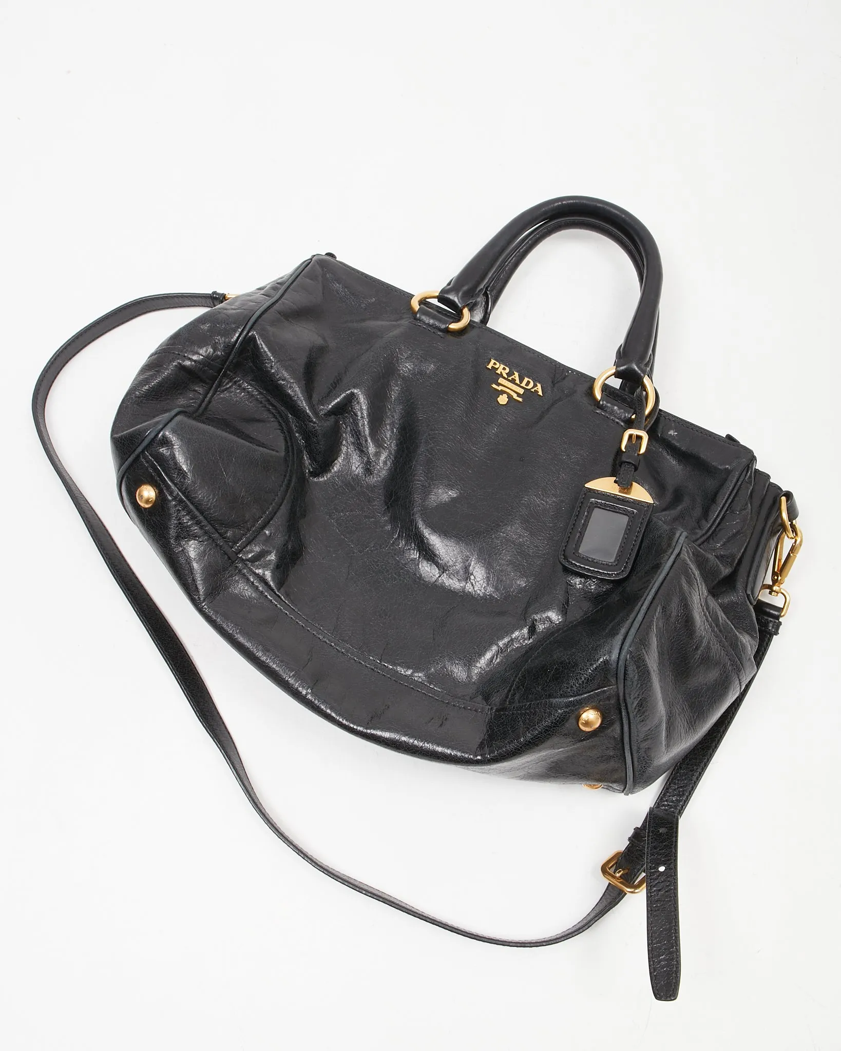 Prada Black Vitello Shine Leather Double Zip Convertible Medium Tote