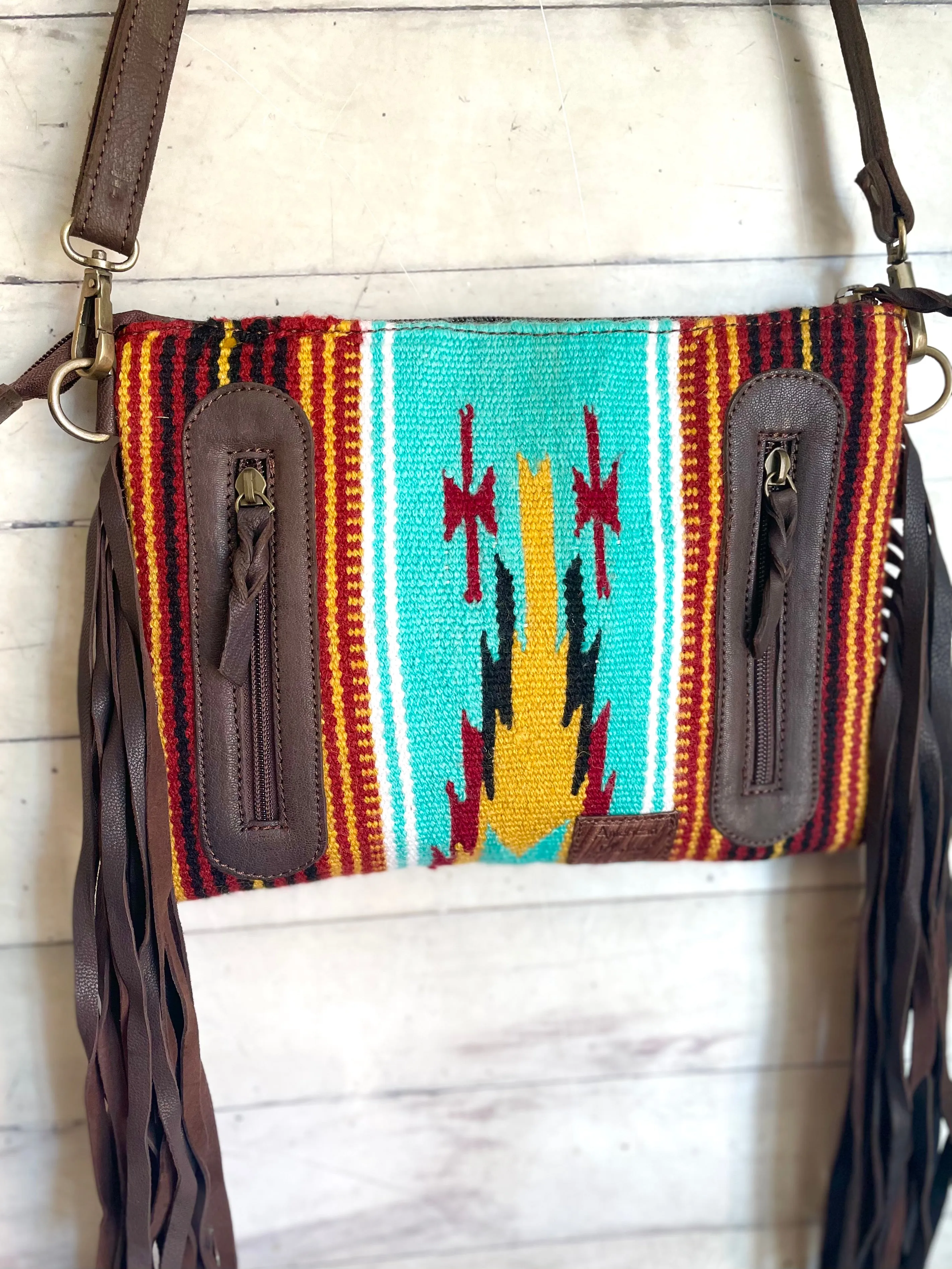 Rust / Wine and Turquoise Pattern Wool Leather Fringe Concealed Carry Bag