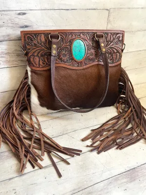 SALE! Turquoise Inset Hide Tooled Top Fringe Tote
