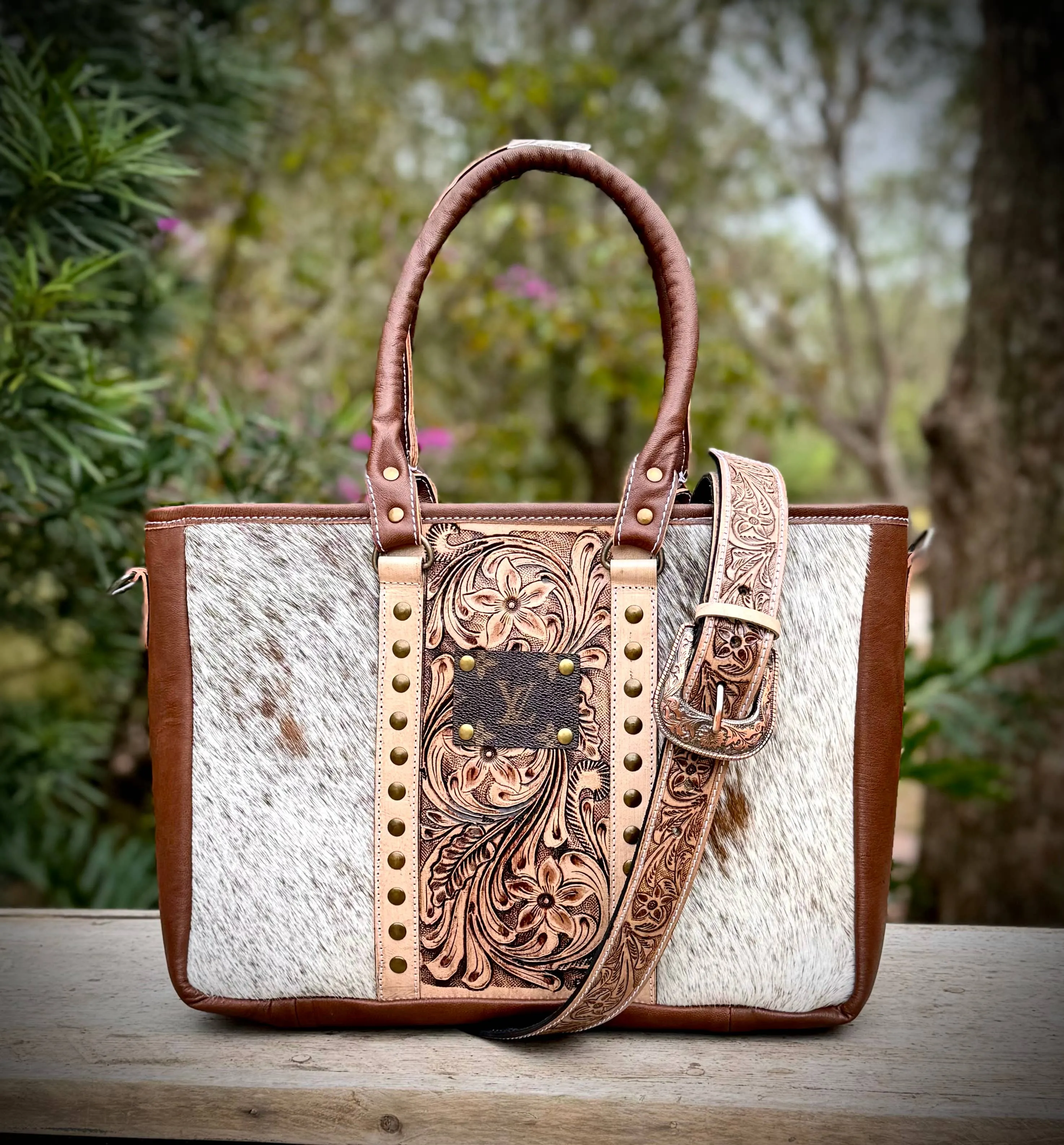 Upcycled LV Cowhide Leather Tote Crossbody Bag Western 