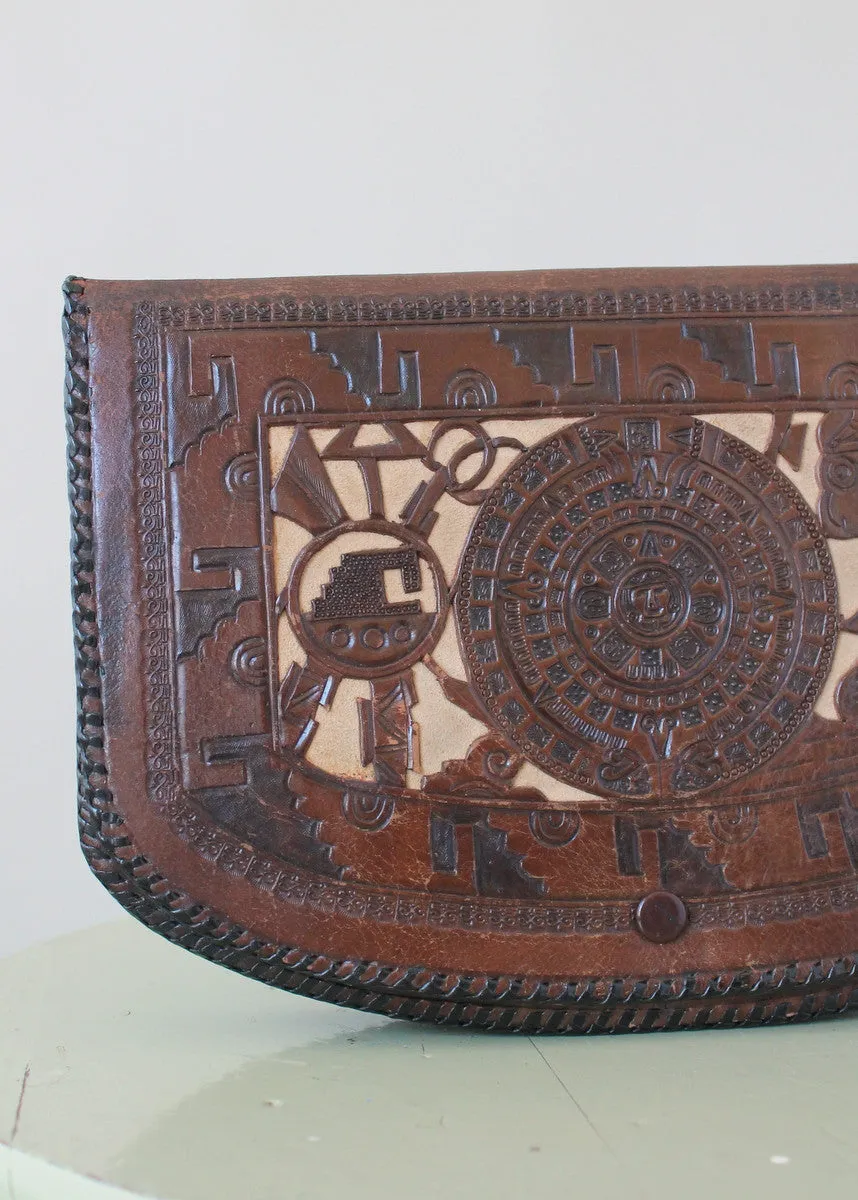 Vintage 1930s Mexican Two Toned Tooled Leather Clutch Purse